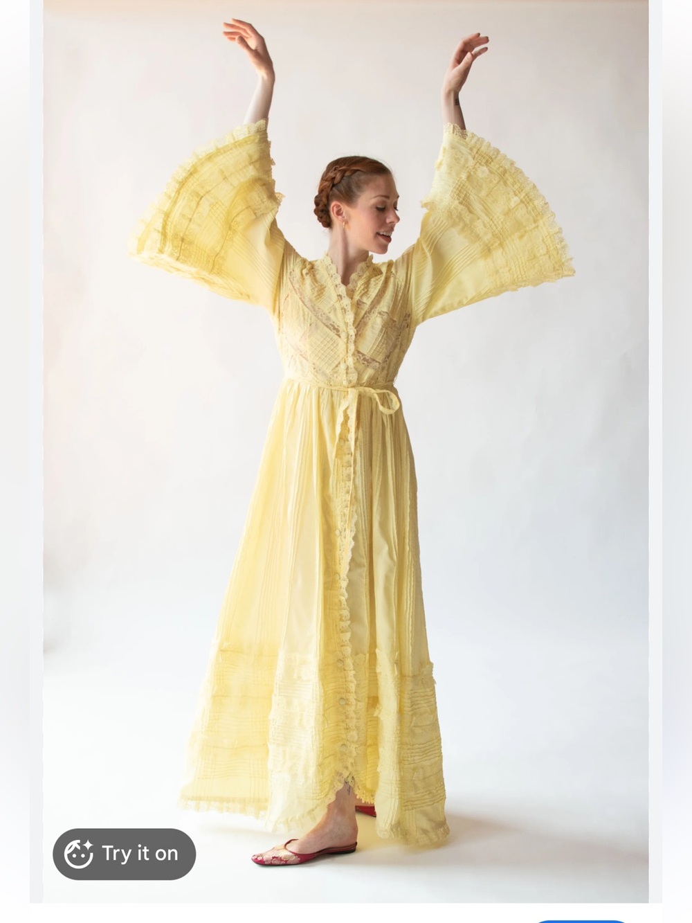 Vintage Yellow Maxi Dress with Lace Trim